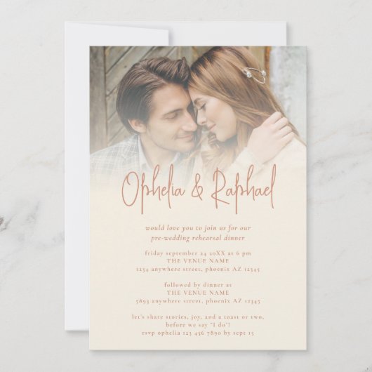 Rustikales Foto Script Cream Wedding Probe Dinner Einladung (Vorderseite)