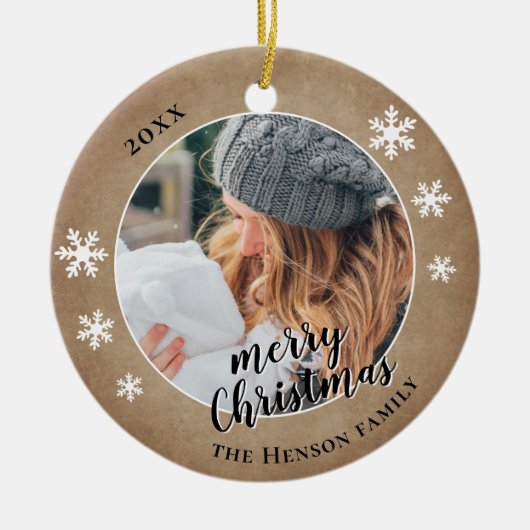 Rustikales Foto Snowflake Frohe Weihnachten Keramik Ornament (Vorne)