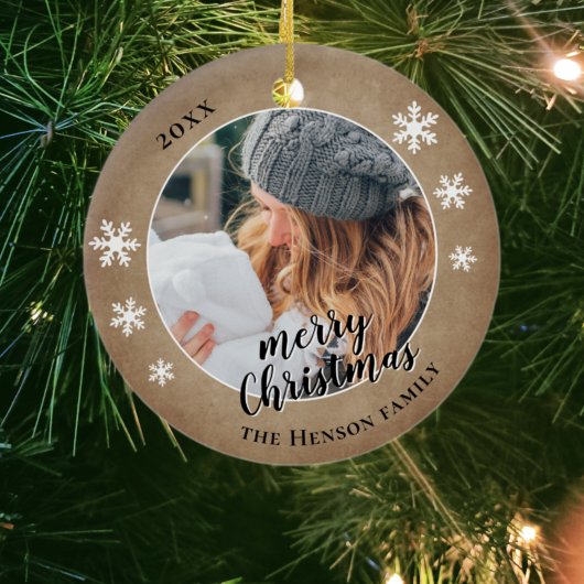 Rustikales Foto Snowflake Frohe Weihnachten Keramik Ornament