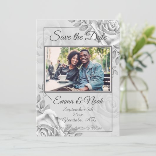 Rustikales Foto-Template für die Rose Save the Dat Ankündigung (Stehend Vorderseite)