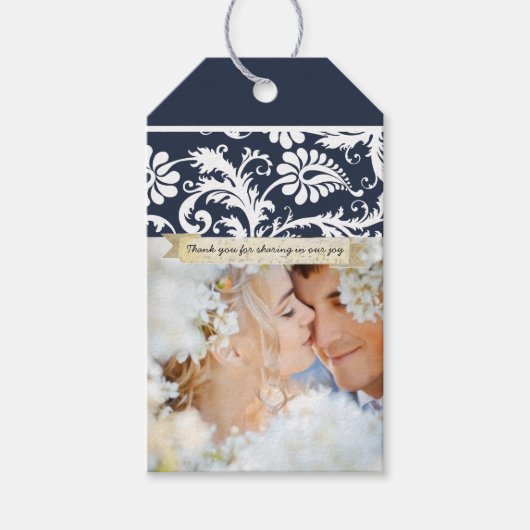 Rustikales Foto Vintag Damask Muster Geschenkanhänger (Vorderseite)