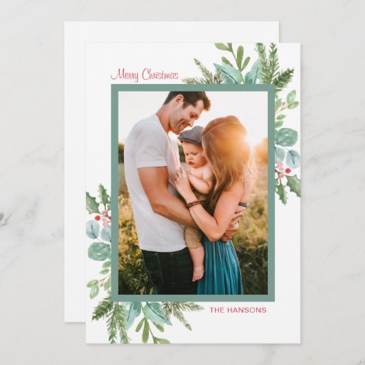 Rustikales Foto Wasserfarbe Grün Frohe Weihnachten (Vorne/Hinten)