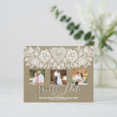 Rustikales Foto "White Lace Kraft" Save the Date (Stehend Vorderseite)