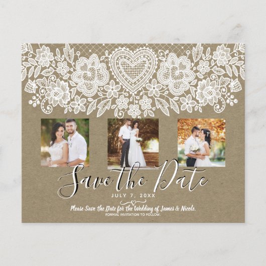 Rustikales Foto "White Lace Kraft" Save the Date (Vorderseite)