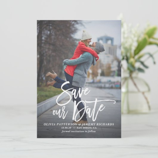 Rustikales Foto zur Handschrift Rettete unser Datu Save The Date (Stehend Vorderseite)