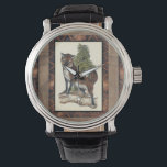 Rustikales Fox Stepping auf einem Baumstamm Armbanduhr<br><div class="desc">Dieser rustikale Ausdruck illustriert einen Fuchs vor einem Kiefernbaum. Die Farben sind in sanften Pastellfarben gehalten,  und das Bild hat traditionelle Motive im braunen Gama. Dieses Design wäre eine perfekte Ergänzung zu Ihrer Landhausdekoration.</div>