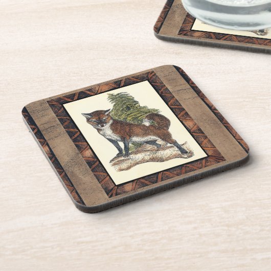 Rustikales Fox Stepping auf einem Baumstamm Getränkeuntersetzer (Linke Seite)