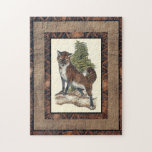 Rustikales Fox Stepping auf einem Baumstamm Puzzle<br><div class="desc">Dieser rustikale Ausdruck illustriert einen Fuchs vor einem Kiefernbaum. Die Farben sind in sanften Pastellfarben gehalten,  und das Bild hat traditionelle Motive im braunen Gama. Dieses Design wäre eine perfekte Ergänzung zu Ihrer Landhausdekoration.</div>