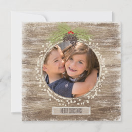 Rustikales frostiges Weihnachtskiefernzweig & Holz Feiertagskarte