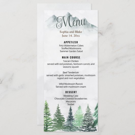Rustikales Gebirge & Wald Wasserfarbenflatter Menü Menükarte (Vorne/Hinten)