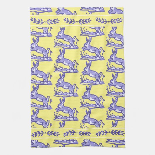 Rustikales Gelb & Blaues Kaninchen Land Französisc Geschirrtuch (Vertikal)