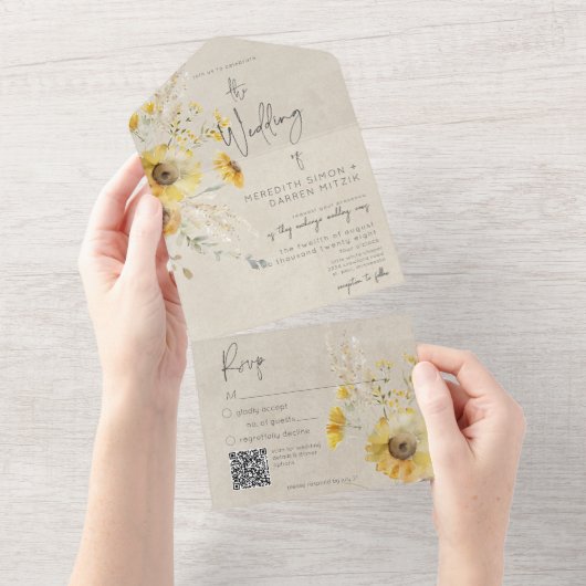 Rustikales Gelb & Braun Sommersonnenblüten QR Code All In One Einladung (Abreißen)