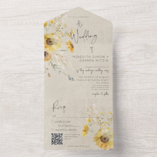 Rustikales Gelb & Braun Sommersonnenblüten QR Code All In One Einladung (Innen Boden)