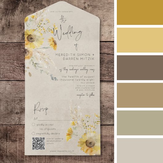 Rustikales Gelb & Braun Sommersonnenblüten QR Code All In One Einladung