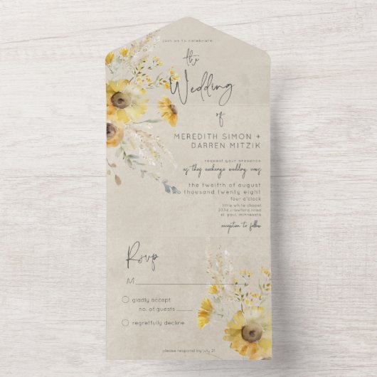 Rustikales Gelb & Brot Sommersonnenblume Kein Aben All In One Einladung (Innen Boden)