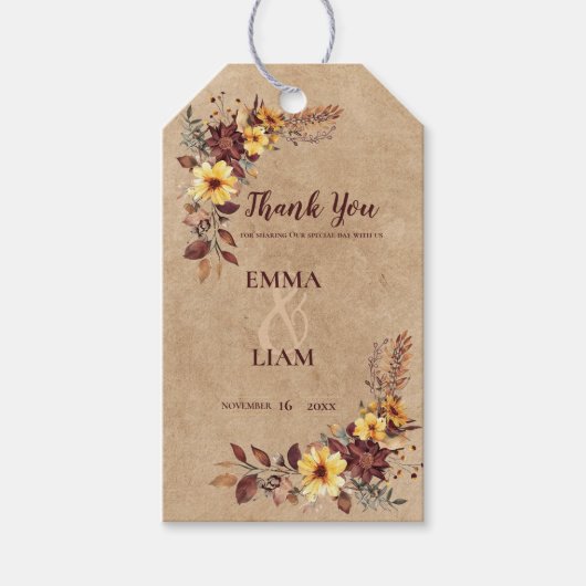 Rustikales Gelb & Burgund Fall Gastgeschenk Hochze Geschenkanhänger (Vorderseite)