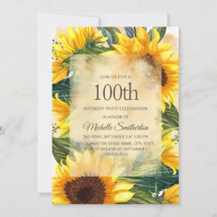 Rustikales Gelb-Sonnenblumen 100. Geburtstag Einladung