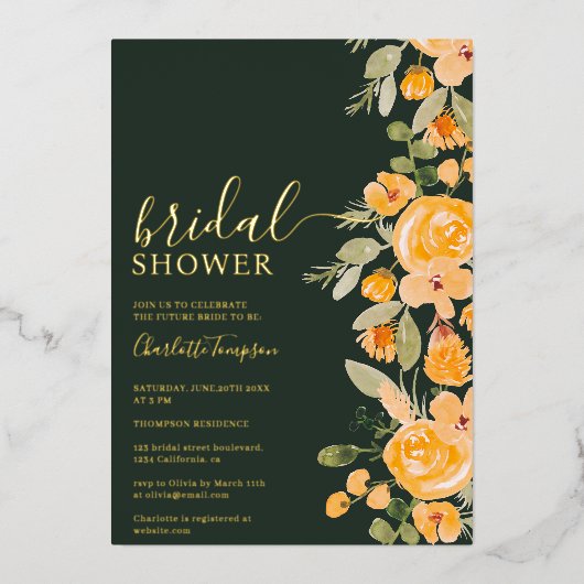 Rustikales, gelbblütenfarbenes Brautparty Folieneinladung (Vorderseite)