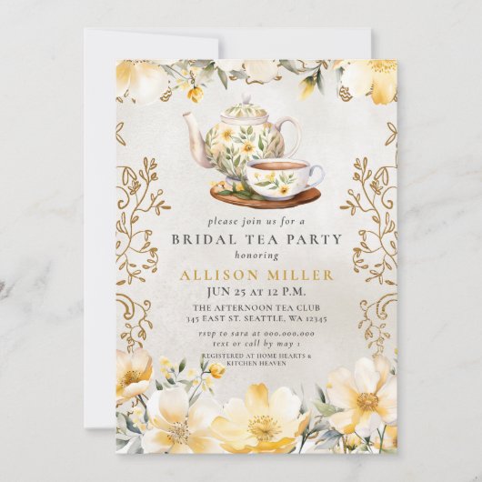 Rustikales Gelbblütentee Party Brautparty Einladung (Vorderseite)