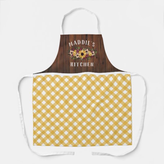 Rustikales Gelbes Gingham Floral Bouquet Name hinz Schürze (Vorderseite)