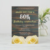 Rustikales Gelbes Rose 80. Geburtstag Blumengebirg Einladung (Stehend Vorderseite)