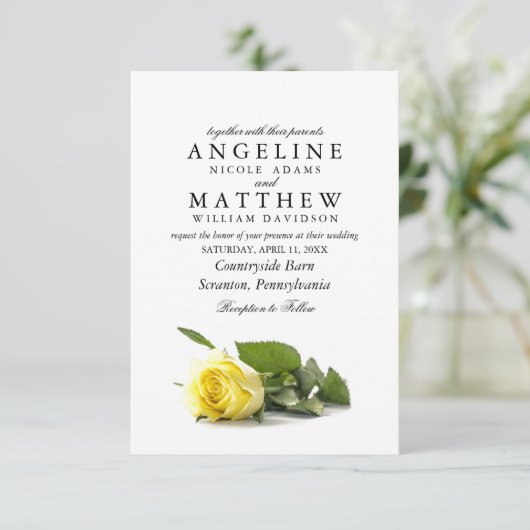 Rustikales, gelbes Rosenstück mit Flora Einladung (Stehend Vorderseite)