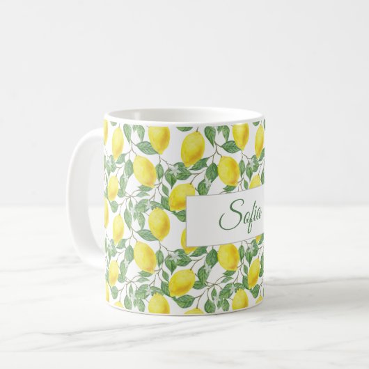 Rustikales gelbes Zitronenaquarellmuster Kaffeetasse (Vorderseite Links)