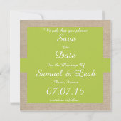 Rustikales Gelbgrün und Beige Burlap Save the Date (Rückseite)