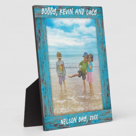 Rustikales, gestörtes Blue Beach Wood Text Foto Fotoplatte (Seite)