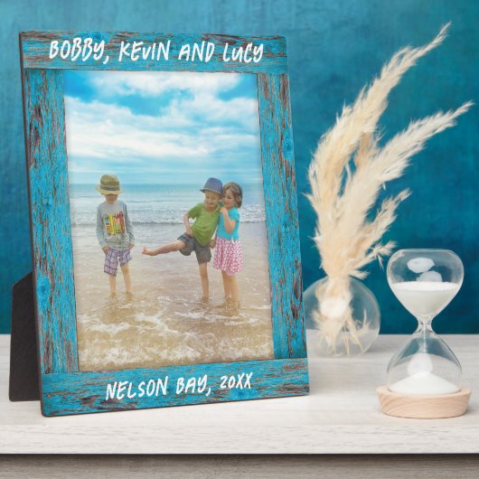 Rustikales, gestörtes Blue Beach Wood Text Foto Fotoplatte (Seite)