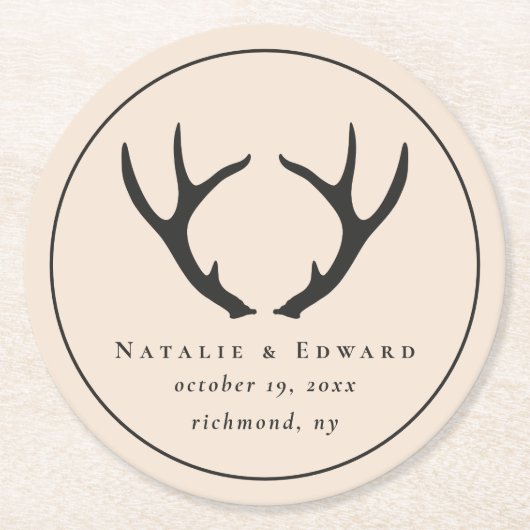 Rustikales Geweih Save the Date Runder Pappuntersetzer (Vorderseite)