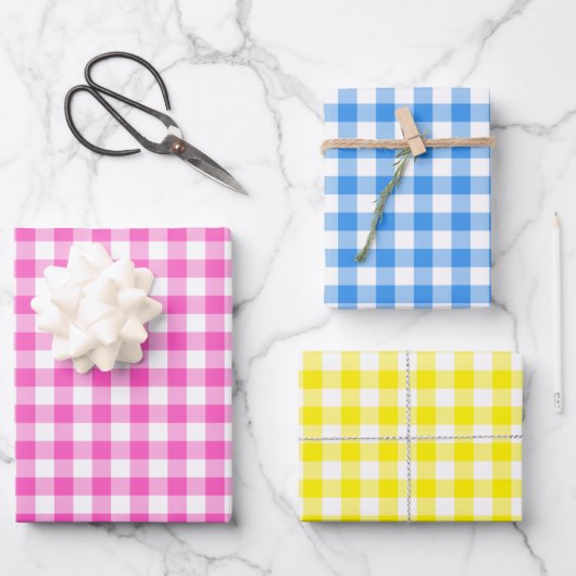Rustikales Gingham Rosa Gelbes Muster Geschenkpapier Set (Vorderseite)