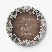 Rustikales Gipskraut auf der dunklen Holzhochzeit Pappteller (Vorderseite)