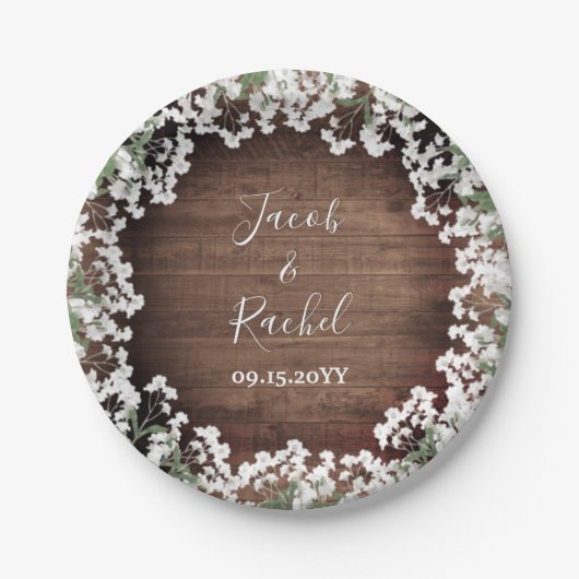 Rustikales Gipskraut auf der dunklen Holzhochzeit Pappteller (Vorderseite)