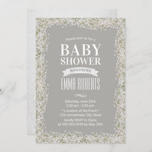 Rustikales Gipskraut Bläserseide Babydusche Einladung (Vorne/Hinten)