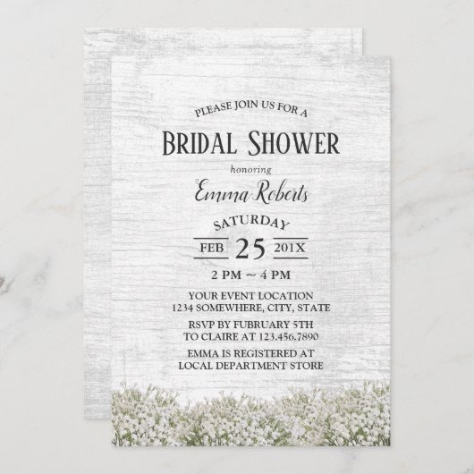 Rustikales Gipskraut Blumenstall Brautparty Einladung (Vorne/Hinten)