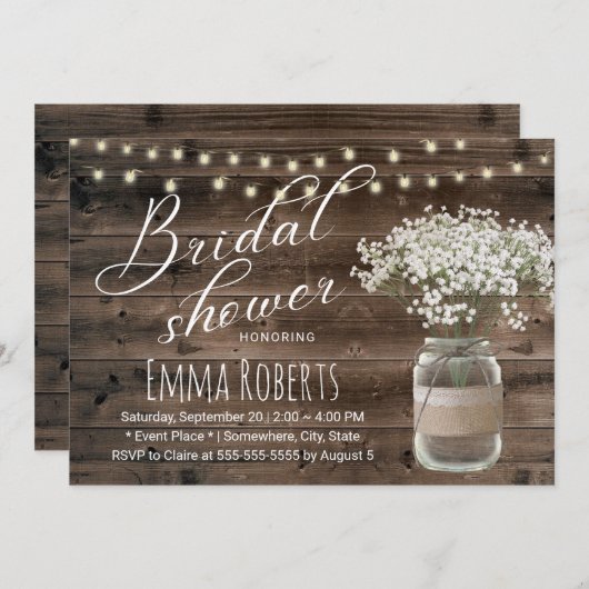 Rustikales Gipskraut Floral Jar Barn Brautparty Einladung (Vorne/Hinten)