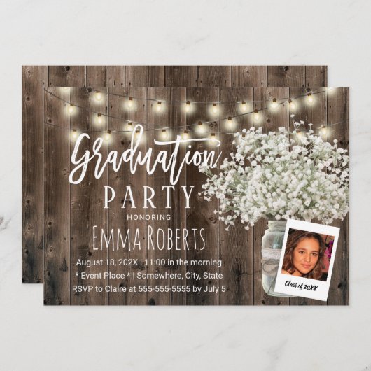 Rustikales Gipskraut Floral Jar Foto Abschluss Einladung (Vorne/Hinten)