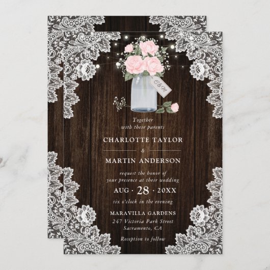 Rustikales Gipskraut für Rose-Hochzeit aus Holz Einladung (Vorne/Hinten)