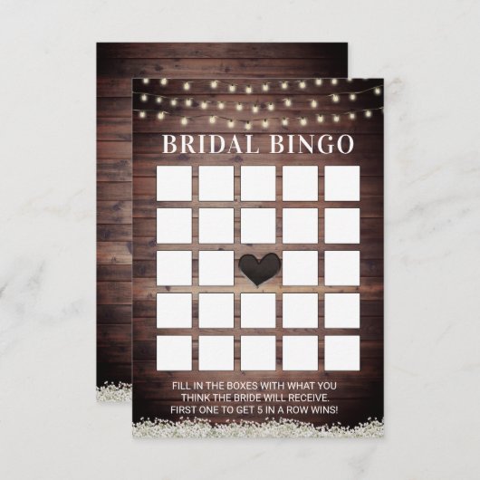 Rustikales Gipskraut Holz Bridal Bingo Karten (Vorne/Hinten)