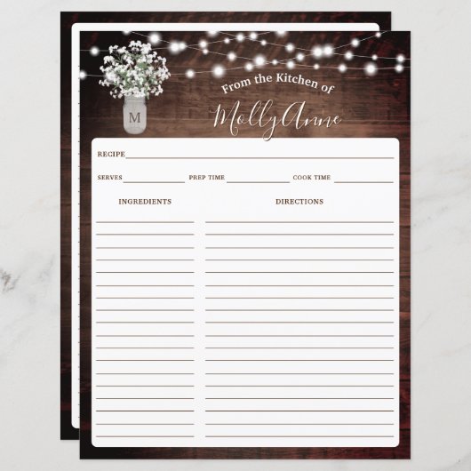 Rustikales Gipskraut Jar Lights Rezept Blatt (Vorne/Hinten)