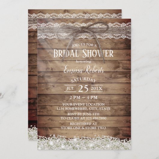 Rustikales Gipskraut Lace & Twine Brautparty Einladung (Vorne/Hinten)