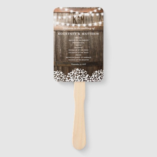 Rustikales Gipskraut Lights Hochzeitsprogramm Fächer (Vorderseite)