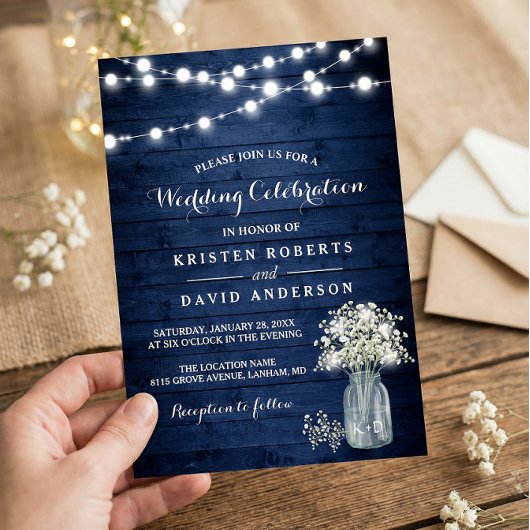 Rustikales Gipskraut Lights Navy Blue Wedding Einladung