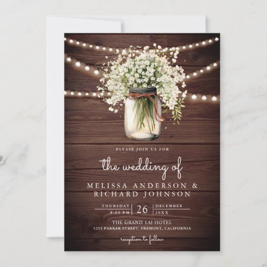 Rustikales Gipskraut Mason Jar All in One Wedding Einladung (Vorderseite)