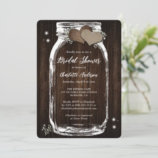 Rustikales Gipskraut Mason Jar Brautparty Einladung (Stehend Vorderseite)
