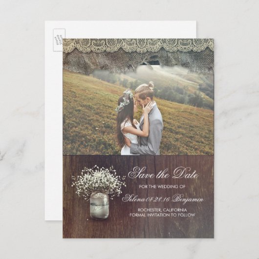 Rustikales Gipskraut Mason Jar Foto Save the Date Ankündigungspostkarte (Vorne/Hinten)
