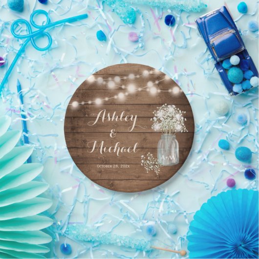 Rustikales Gipskraut Mason Jar Lights Wedding Pappteller (Party)
