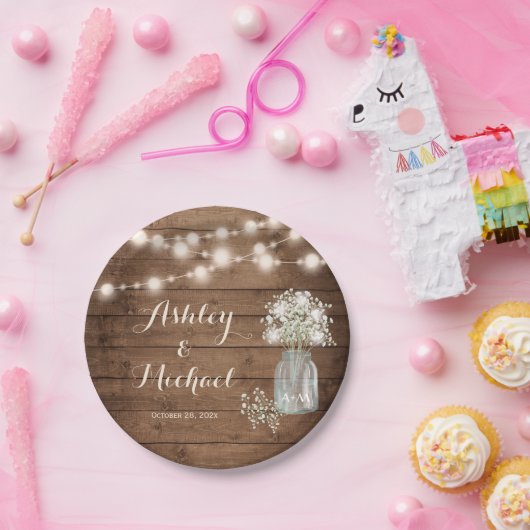 Rustikales Gipskraut Mason Jar Lights Wedding Pappteller (Party)