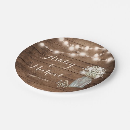 Rustikales Gipskraut Mason Jar Lights Wedding Pappteller (Schrägansicht)